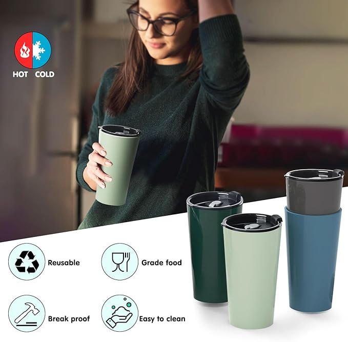 4 Pack Plastic Travel Coffee Mug Set, 20 oz Spill Proof Drinking Cups with Lids, Pobtable to Go Camping Coffee Tumbler Reusable Coffee Mugs with Lids, Dishwasher & Microwave Safe