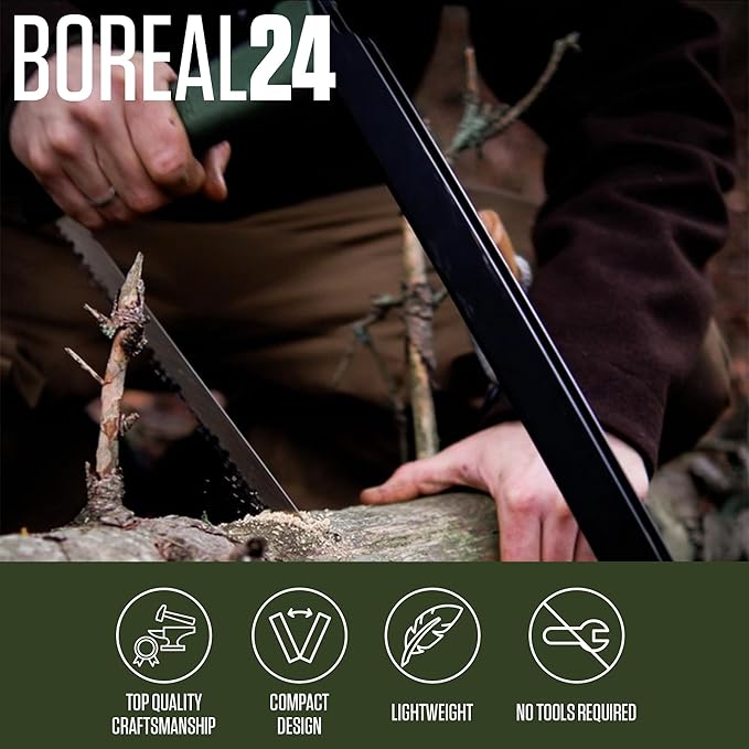 AGAWA - BOREAL24-24 Inch Folding Saw with All-Purpose Saw Blade - Camping Gear For Hiking, Fishing, Hunting, Bushcraft & Survival Kit (Black Frame/Green Handle)