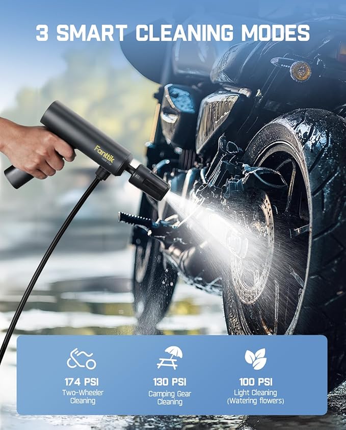 Fanttik NB8 Flip Portable Pressure Washer Gun, Foldable Cordless Pressure Washer Sprayer with 5-in-1 Nozzle, Max. 174 PSI, Type-C Charging, 16.73 FT Hose, for Camping, Bicycles, and Patio