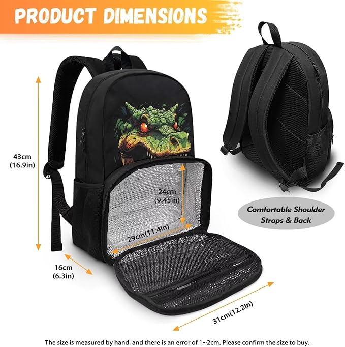 Crocodile Print Meal Bag Backpack Kids Backpacks with Lunch Compartment Meal Bag Large Bookbag Insulated Cooler Backpack Lunch Box Nurse Work Backpacks for Travel Casual