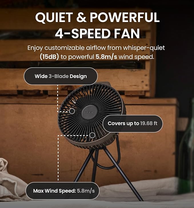 Claymore V600+ Black Rechargeable Portable Fan – 7,800mAh Battery, 4-Speed BLDC Ultra-Quiet Air Circulator USB-C Charging 32 Hrs Runtime Tripod Mountable Adjustable for Camping, Indoor, Outdoor