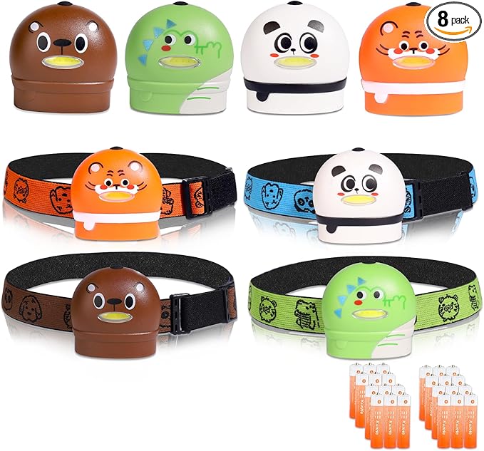 KunHe 8 Pack LED Kids Headlamp with Animal Designs Adjustable Headlight for Camping Running Christmas Stocking Stuffers Christmas Gifts for Girls Boys Batteries Included