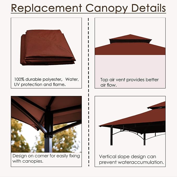 Grill Gazebo Replacement Canopy Roof – Hugline 5x8 Outdoor Grill Shelter Canopy Top Double Tiered BBQ Tent Cover Fit for Model L-GG001PST-F (Burgundy)
