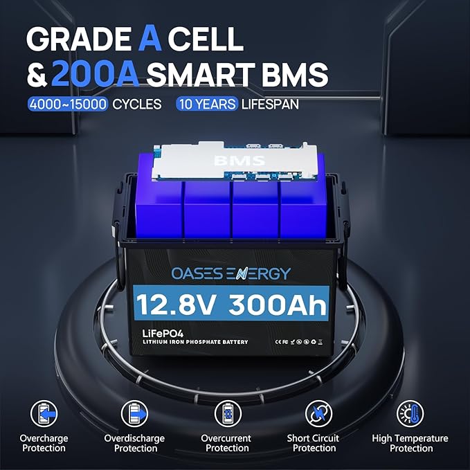 12V 300Ah LiFePO4 Battery, Mini Size, Built-in 200A BMS, Deep Cycle, Low Temperature Cut-Off, Lithium Trolling Motor Battery, Designed for RV, Camping, Marine and Solar