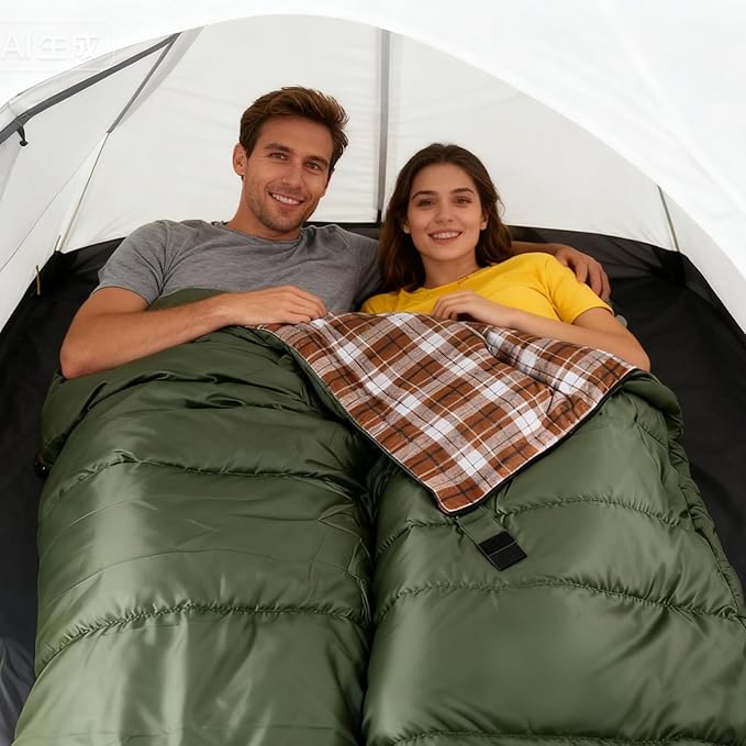 Double Sleeping Bag Cotton Flannel for Camping, Backpacking Or Hiking. Queen Size 2 Person Waterproof Sleeping Bag for Adults Or Teens. Lightweight with Compression Sack