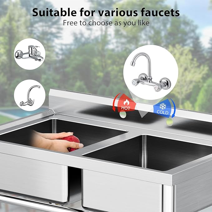Zstar Stainless Steel Utility Sink, Commercial Restaurant Freestanding Double Bowl Laundry Sink, NSF Certificated, Outdoor Camping Stainless Steel Sink Set for Garage, Restaurant, Backyard (36in)