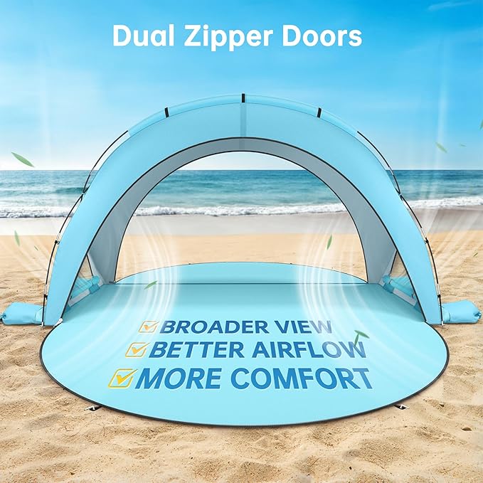 Beach Tent Sun Shelter, Beach Shade Tent with UPF50+ UV Protection, Sun Shelter for 1-6 Person, Beaches Shade with 2 Zippered Doors, Portable Tents for Camping Fishing, Light Blue