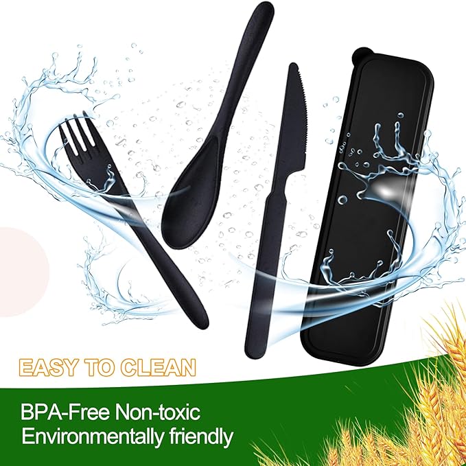 Travel Utensils with Case, 2 Sets Reusable Utensils Set with Case, Wheat Straw Utensils for Lunch Box Accessories, Camping Utensil Set for School Work Lunch or Daily Use（Black）
