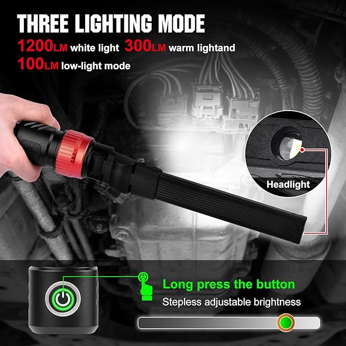 Magnetic Work Light,1200LM Magnetic LED Work Light Rechargeable Foldable Light Bar,360°Rotation 5 Modes, Portable Power Bank for Auto Repair,Grill,Camping and Outdoor(Red)