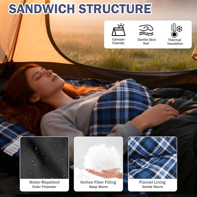Double Sleeping Bag Cotton Flannel for Camping, Backpacking Or Hiking. Queen Size 2 Person Waterproof Sleeping Bag for Adults Or Teens. Lightweight with Compression Sack