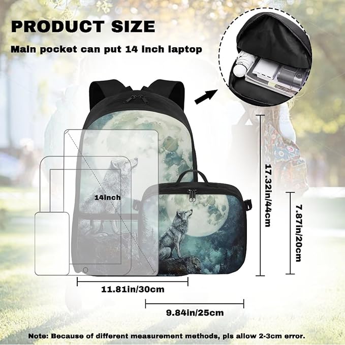 Wolf Backpack with Lunch Box for Men Large Capacity Bookbag for Teen Boys 17 Inches Polyester Book Bag with Adjustable Shoulder Strap for Outdoor