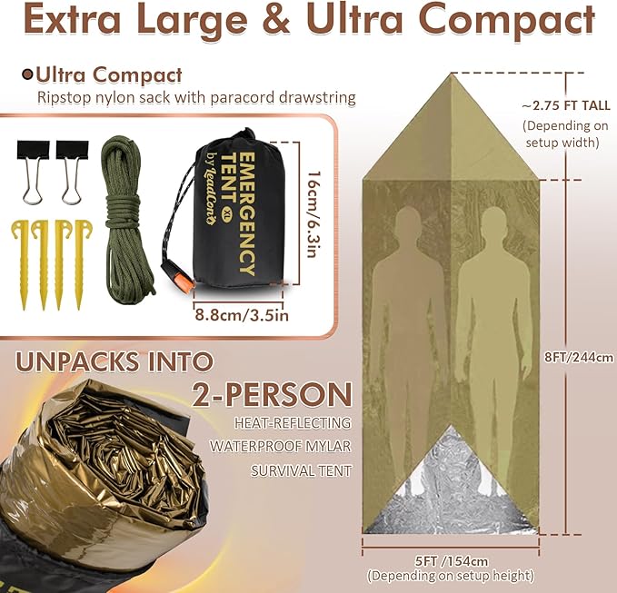 2 Pack Emergency Survival Tent, 2 Person Emergency Shelter Tube Tent All-Weather Protection for Camping, Hiking, & Survival Kits Includes 5 pcs Emergency Blanket Mylar