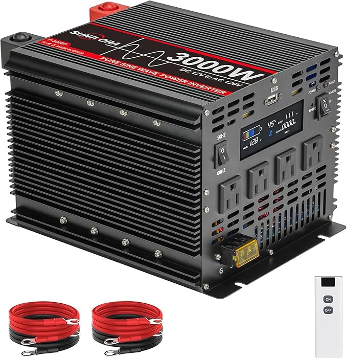 3000 Watt Pure Sine Wave Power Inverter, 12V DC to 110V/120V AC Converter 6000W Peak, with Remote Control LCD, 4 AC Outlets & USB Port & Hardwire Terminal, for Truck RV Boat Camping Solar System EPS