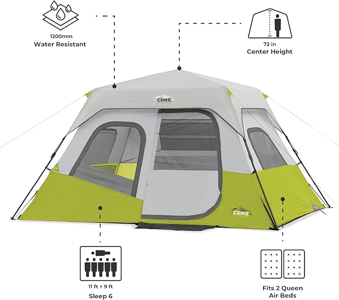 CORE Instant Cabin Tents | 6 Person / 9 Person / 10 Person / 12 Person Family Cabin Multi Room Pop Up Tents Car Camping | Included Storage Pockets for Camping Accessories