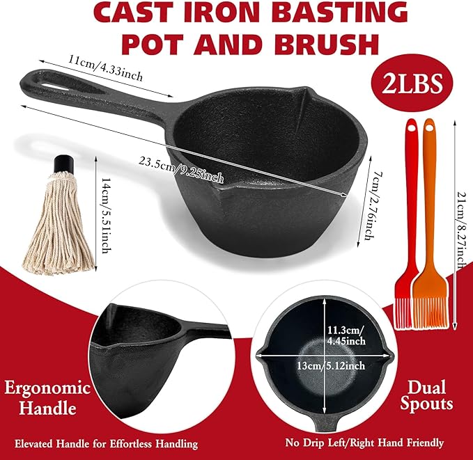 Cast Iron Basting Pot and Sauce Pan Set – Small Cast Iron Melting Pot for Butter, Sauces, Garlic – Perfect for Grilling, Camping, Kitchen & Outdoor Stove Use – Premium BBQ Accessories