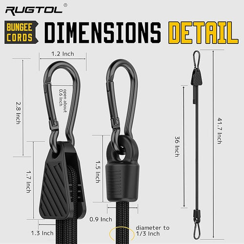 Adjustable Bungee Cords with Hooks, 6 Pack Heavy Duty Outdoor Carabiner Bungee Cord, Black Super Elastic Bungee Straps Easily Adjust from 7" to 36", Great for Cargo, Camping, Bike Racks, Tents