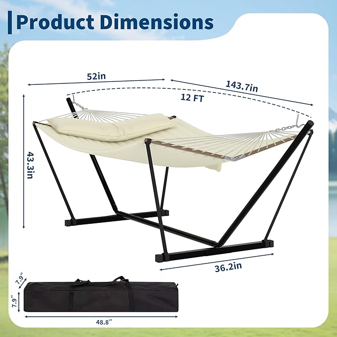 2 Person Double Hammock with Adjustable Steel Stand & Pillow, Heavy Duty Portable Outdoor Hammock Set, MAX 450 LBS Weight Capacity for Patio, Garden, Beach, Backyard