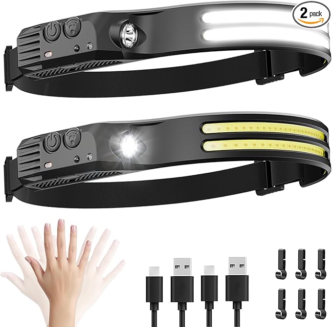 2Pack LED Headlamp Rechargeable - 230° COB Super Bright Head Lights for Forehead, Hard hat Light for Adults, USB C Headband Flashlight for Work, Hunting, Running, Camping Essentials Gear