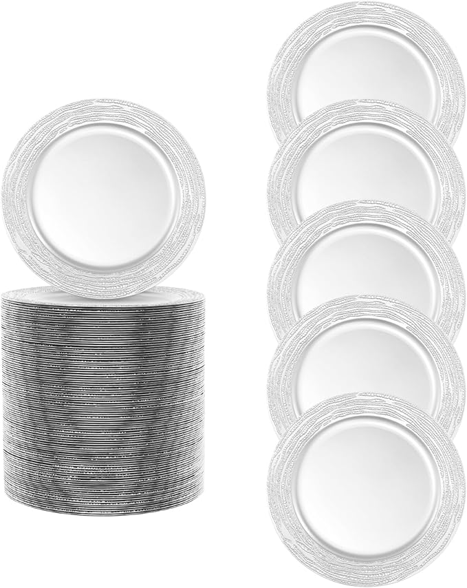 100 PCS Antique Charger Plates Bulk, 13'' Plastic Embossed Dinner Plate Chargers Round Floral Plates for Wedding Decorative Chargers for Table Dinner Kitchen Party Decoration (Silver)
