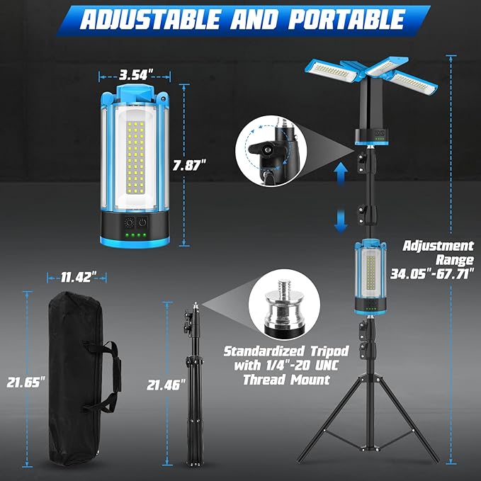T-SUN Rechargeable 10400mAh Camping Light with Stand, Cordless Work Light with 4 LED Lamp Heads, Portable Light for 6000K Pure Cool White Focused Beam, Detachable Tripod & Storage Bag
