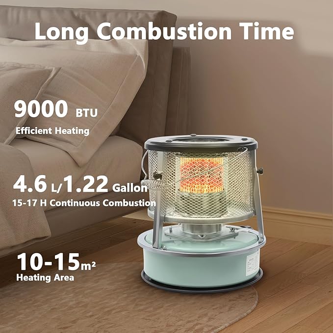 Kerosene Heater for Indoor & Outdoor Use, 9000 BTU 4.6L Portable Non Electric Stove with Fuel Gauge, Cordless Kerosene Space Heaters for Camping, Garage, Basement, Emergency Oil Heater, Green