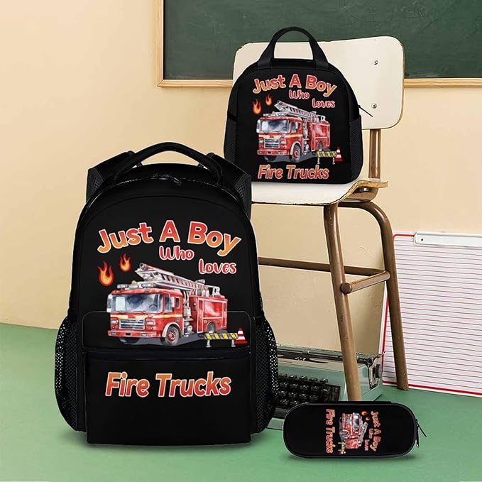 Backpack for Kids Boys, Set of 3 Fire Truck School Backpacks Matching Combo for Children Truck Lovers, Large Capacity Bookbag with Pencil Case Set Bundle for Travel Camp School