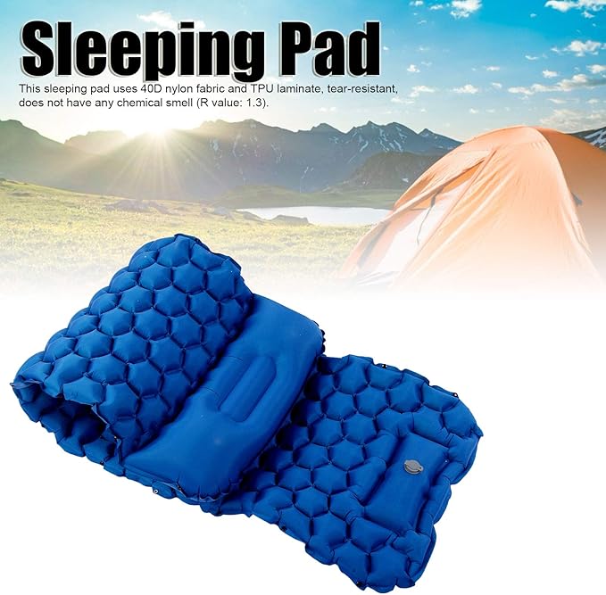 Camping Sleeping Pad Mat, Lightweight Inflatable Mattress, Sturdy 40D Nylon Fabric, TPU Laminate, for Tent Hiking Travel, Foldable Compact, Comfortable 3D Design (Blue)
