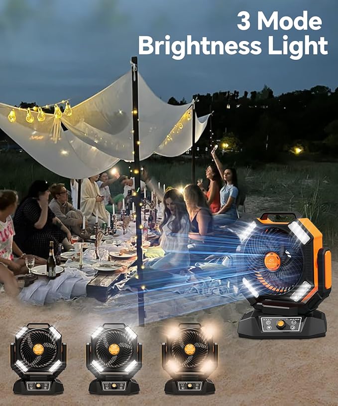 40000mAh Battery Operated Fan, Portable Camping Fan with 4 LED Lantern, 8 Speeds DeskFan with Remote, Portable Rechargeable Fans with Hook for Camping Tent, Power Outages