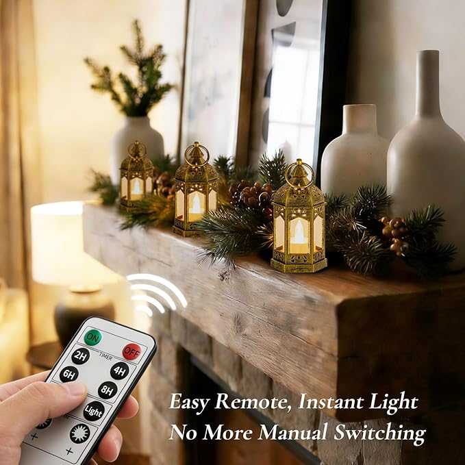 Mini Lanterns with Remote Control: 10 Pcs Gold Lantern with Timer Dimmer Table Centerpieces Decorations for Ramadan Wedding Party Camping Decor