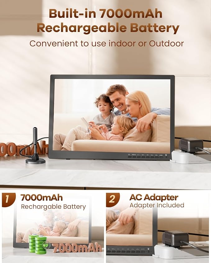NORTHING 1080P 12 Volt Portable TV with Antenna/USB/HDMI/AV, for Camping Home Kitchen Power Outage, Sleep Timer (Inches, 17)