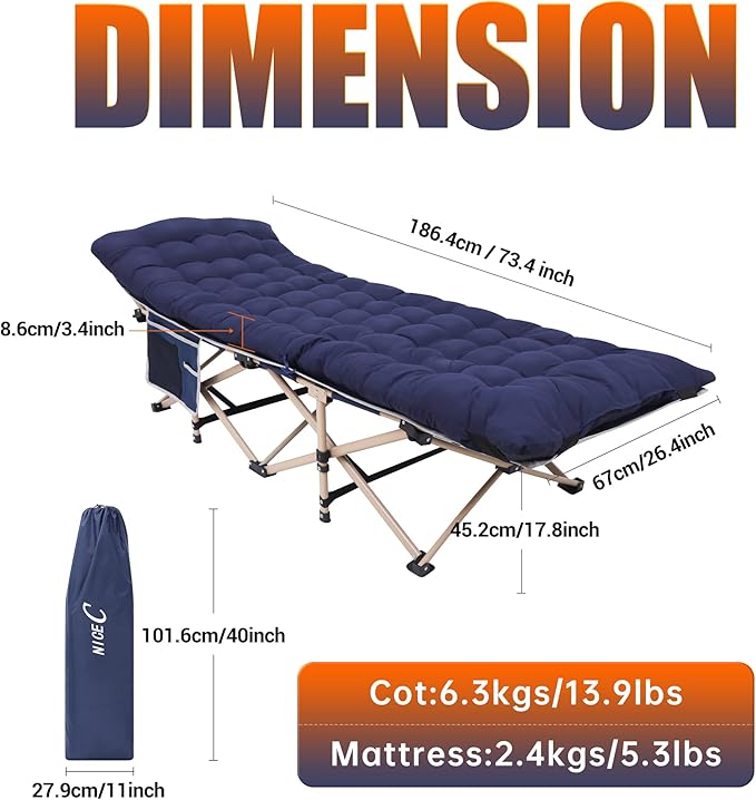 Nice C Camping Cots with Cushion, Camping Cots with Mattress, for Adults, Folding Cot, with Pillow, Carry Bag & Storage Pocket, Extra Wide Sturdy, Holds Up to 500 Lbs (1, Mattress Navy)