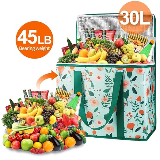 Bodaon 1-Pack Insulated Reusable Grocery Shopping Bags, X-Large Picnic Cooler Bag with Zipper/Zippered Top Cold, Insulated Food/Pizza Delivery Bag for Catering/Doordash/Uber Eats