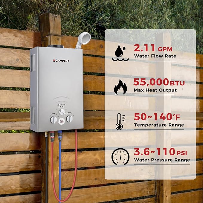 CAMPLUX Portable Tankless Water Heater, 2.11GPM, 55,000 BTU Propane, BW211G, Grey