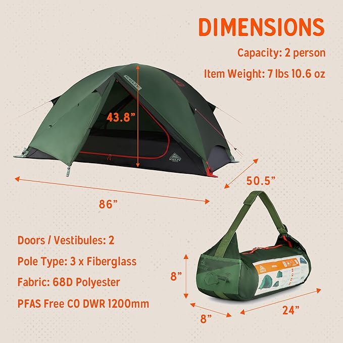 Kelty Wireless Freestanding Camping Tent, 2 4 or 6 Person Size, Huge Interior and Peak Height, Intuitive + Easy to Pitch, Color Coded Setup