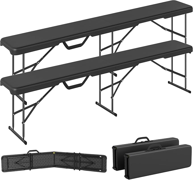 Outsunny 2-Pack 6 Ft. Plastic Folding Benches, Portable Foldable Bench Seats with Carrying Handle, Non-Slip Mat, HDPE Tabletop, Picnic Benches for Camping Dining Picnic BBQ Sports, Black