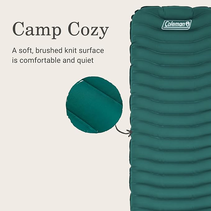 Coleman Inflatable Sleeping Pad Soft & Comfortable with Brushed Knit Surface, Easy Inflatation, Lightweight, Green