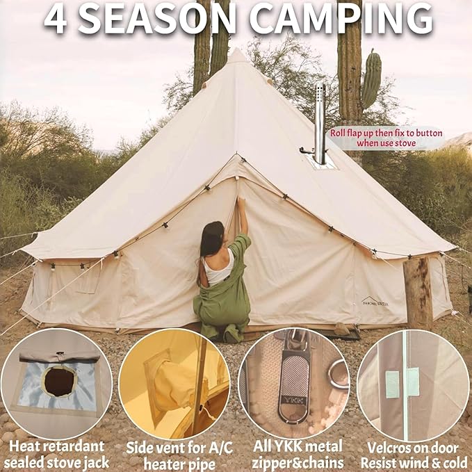 DANCHEL OUTDOOR 4 Season Canvas Yurt Tent with Large Wood Stove, Heavy Duty Bell Tent with Stove Jack 4-8 Person Winter Camping Glamping, 13ft/16.4ft/20ft