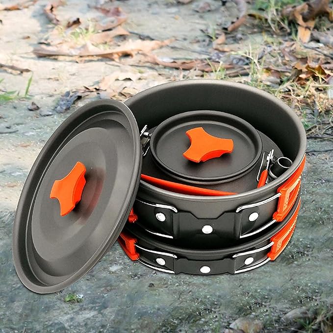 Camping Cookware Set, Portable Kitchen Utensil Kit, Kitchen Cooking with Folding Handle Travel Tableware Lightweight Bowls, Pot Pan Set for Family Outdoor Backpacking Hiking Picnic Camping BBQ