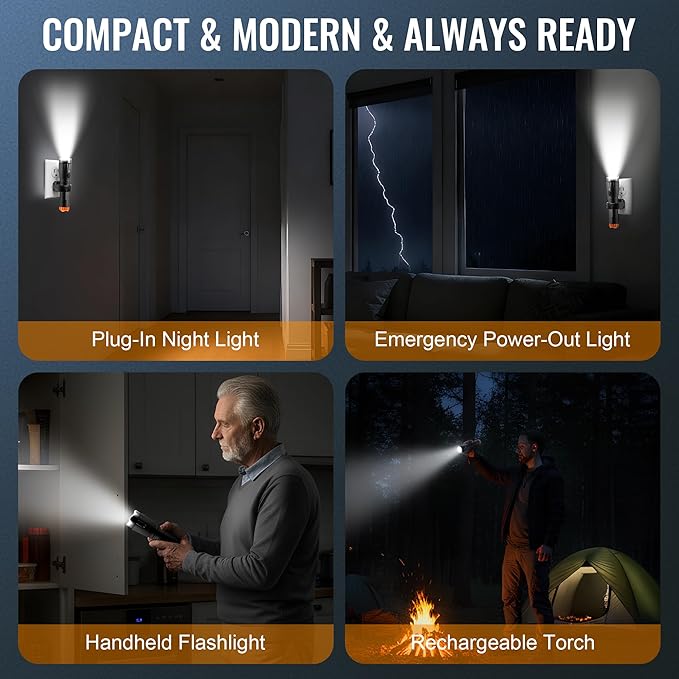4 in 1 Plug in Emergency Flashlight Rechargeable LED Night Light with Motion Sensor for Power Outage Home Safety Portable Work Light Removable Torch for Camping and Indoor Use (4 Pack)