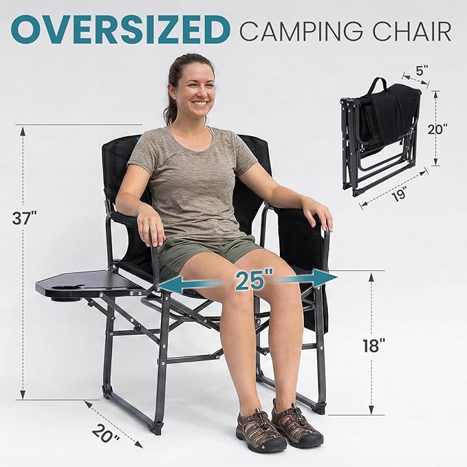 FUNDANGO Oversized Folding Chairs for Outside, Fully Padded Camping Director Chair for Adults, Support 450lbs Portable lawn chairs with Side Table, Side Pockets for outdoor Camp, Picnic, Lawn, Concert