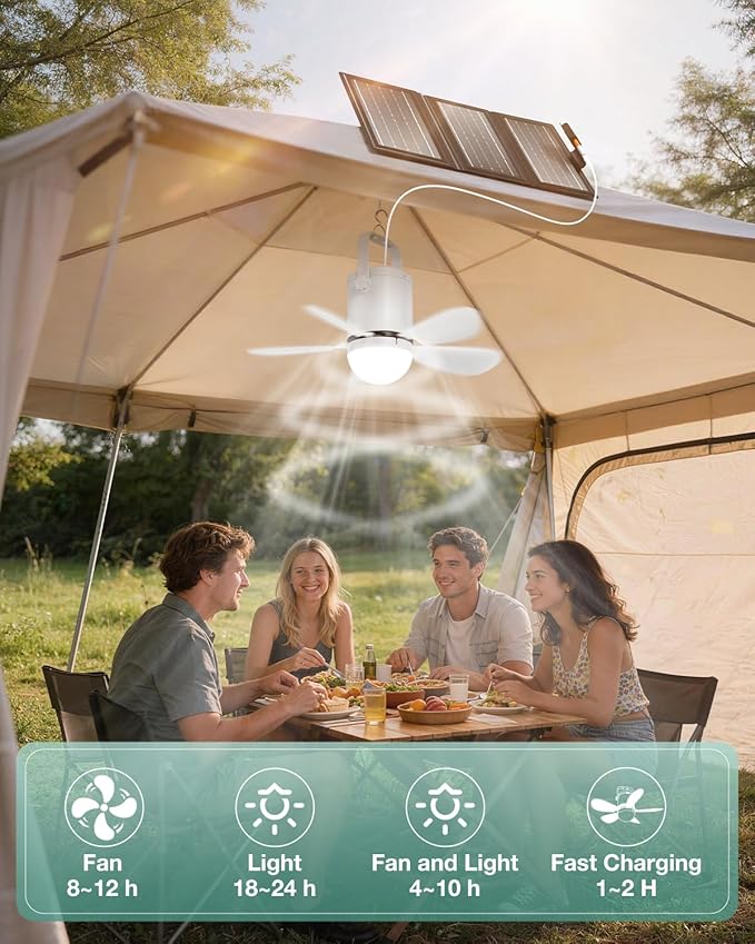 Solar Ceiling Fan Light, Battery Operated Camping Fan with Remote Contorl & 20W Portable Foldable Solar Panel, Rechargeable Gazebo Fan Light for Tent Canopy Pergola Travel
