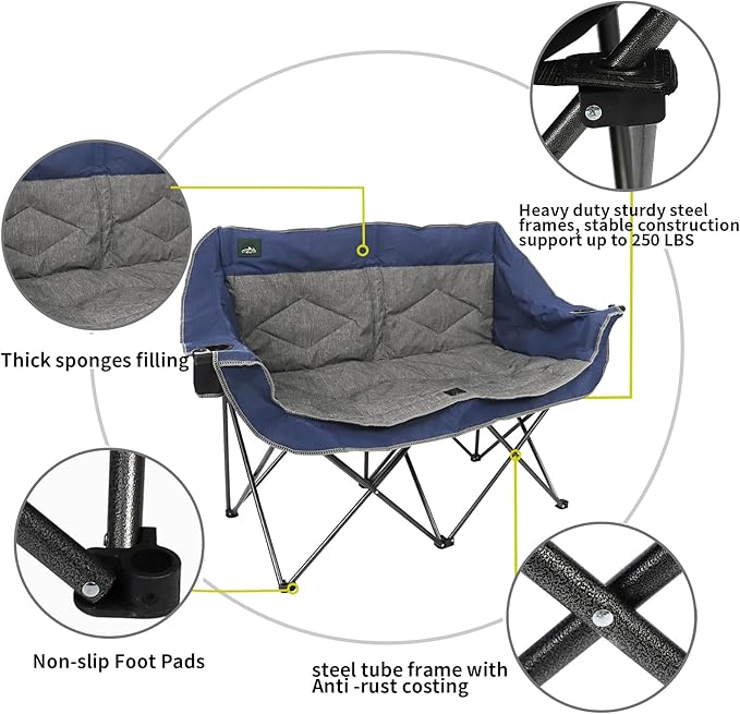 Northroad Folding Loveseat Camping Chair Portable Double Duo Full Padded Garden Chair for 2 Person Sofa w/ 2 Cup Holder,Wine Glass Holder,Mesh Storage,Support 500lbs for Picnic Beach Travel(Blue)