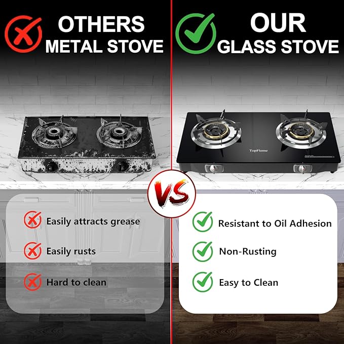 2 Burner Propane Stove 27,200 BTU High-Efficiency Tempered Glass Auto-Ignition Gas Burner Stove Top with CSA Hose for Outdoor RV Camping Emergency Cooking