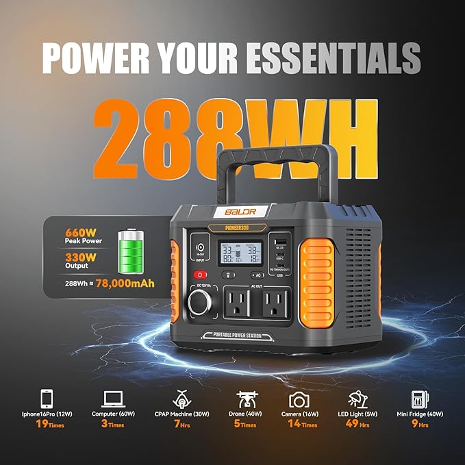BALDR Portable Power Station, 330W(660W Peak) Solar Generator, 288Wh Solar Power Bank 120V Pure Sine Wave AC Outlet, 78000mAh Backup Lithium Battery for Home CPAP Camping Travel Outdoors Emergency
