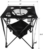 OVENTE Collapsible Folding Camping Table with Insulated Cooler, 4 Cup Holders, Food Basket and Travel Bag, Portable Tailgating Table for Fishing, Outdoor Barbecue or Beach Parties, Black POTC0014B