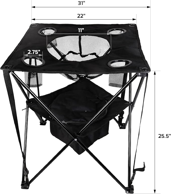 OVENTE Collapsible Folding Camping Table with Insulated Cooler, 4 Cup Holders, Food Basket and Travel Bag, Portable Tailgating Table for Fishing, Outdoor Barbecue or Beach Parties, Black POTC0014B