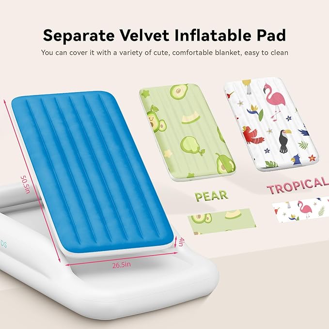 COMMOUDS Portable Toddler Travel Bed with Safety Bumpers, Inflatable Kids Air Mattress with Electric Pump, Baby Blow up Mattress, for Grandma's Home Camping Vacation