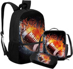 Rnyleeg Fire American Football Backpack for Boys with Lunch Box Novelty Elementary School Bag Set Lightweight Bookbag Set of 3 for Kids Back to School Gifts