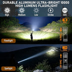 Rechargeable Flashlight 11 Modes Tactical Camping Flashlight with Red-Blue Emergency Lights, 10000 Lumens 3 in 1 Portable Camp Light with Stand, Bright LED Flashlight for Outdoor Activity