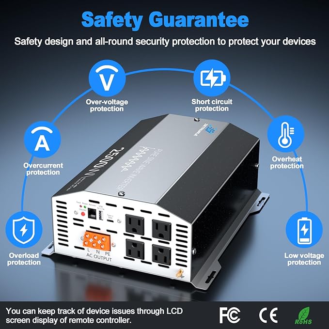 2500W Pure Sine Wave Inverter 48V DC to 110V/120V AC Converter, 5000W Peak, High-Efficiency Off-Grid Solar Power Inverter, 4 AC Outlets, USB & Type-C, LCD Remote Control